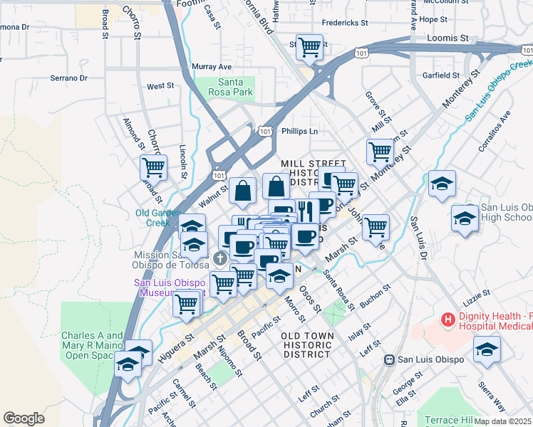map of restaurants, bars, coffee shops, grocery stores, and more near in San Luis Obispo