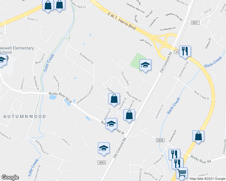 map of restaurants, bars, coffee shops, grocery stores, and more near 7720 Pickering Drive in Charlotte