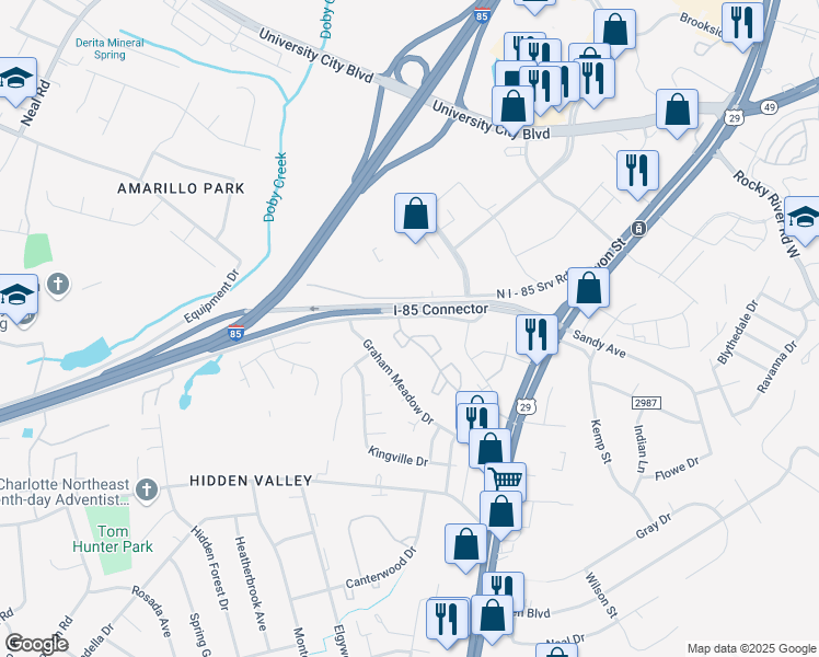map of restaurants, bars, coffee shops, grocery stores, and more near 332 Orchard Trace Lane in Charlotte