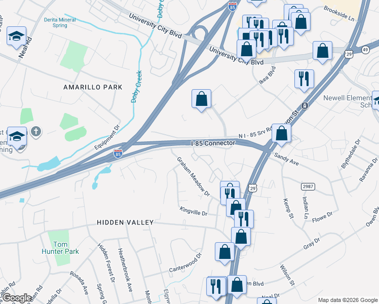 map of restaurants, bars, coffee shops, grocery stores, and more near 415 Orchard Trace Lane in Charlotte