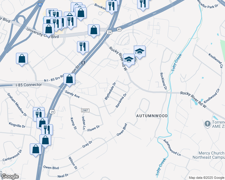 map of restaurants, bars, coffee shops, grocery stores, and more near 503 Elsberry Lane in Charlotte