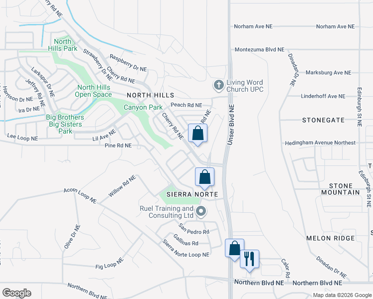 map of restaurants, bars, coffee shops, grocery stores, and more near 1481 Penasco Road Northeast in Rio Rancho