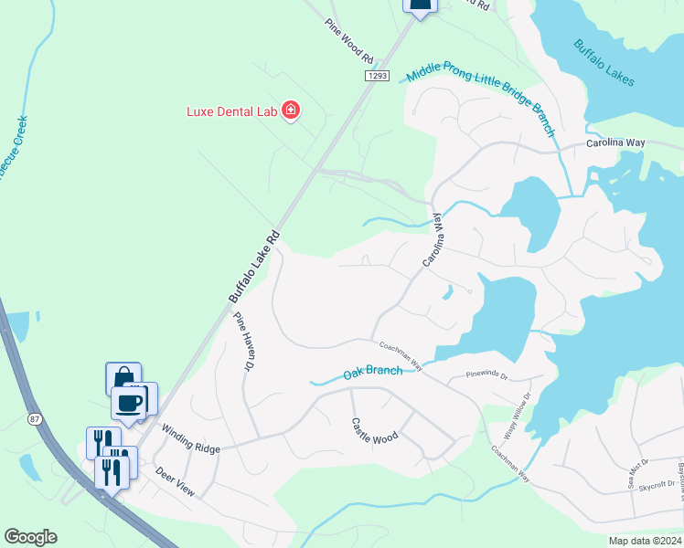 map of restaurants, bars, coffee shops, grocery stores, and more near 143 Fairway Lane in Sanford