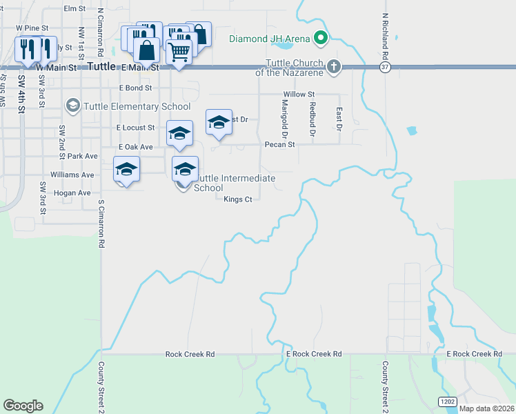 map of restaurants, bars, coffee shops, grocery stores, and more near 514 Kings Court in Tuttle