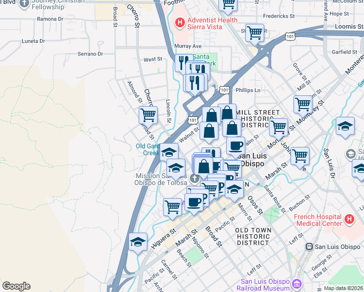 map of restaurants, bars, coffee shops, grocery stores, and more near 670 Chorro Street in San Luis Obispo