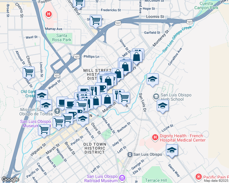 map of restaurants, bars, coffee shops, grocery stores, and more near 879 Johnson Avenue in San Luis Obispo