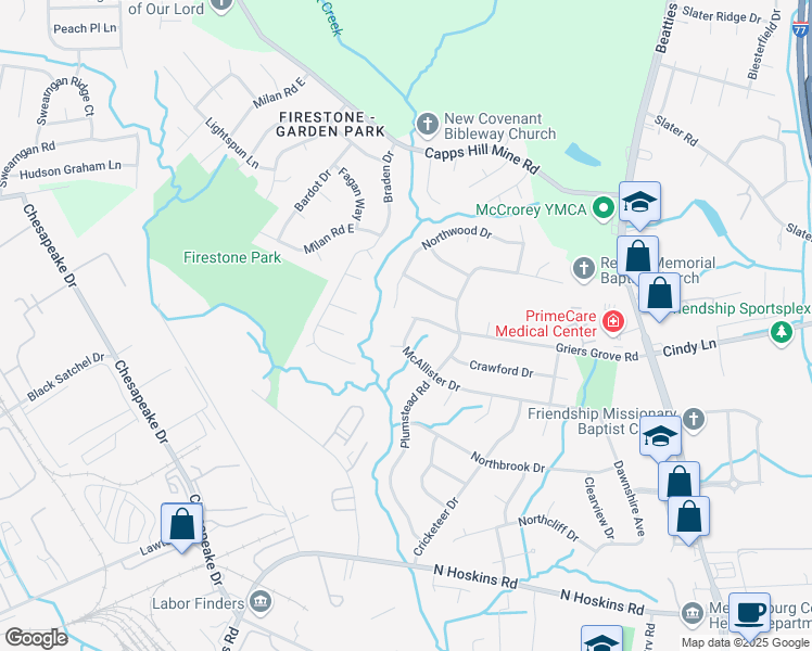 map of restaurants, bars, coffee shops, grocery stores, and more near 1208 McAllister Drive in Charlotte