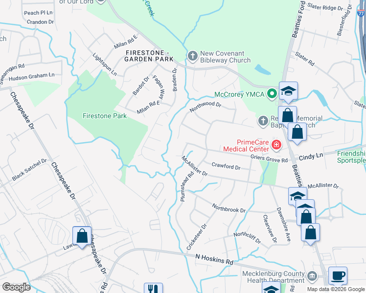 map of restaurants, bars, coffee shops, grocery stores, and more near 1353 Griers Grove Road in Charlotte