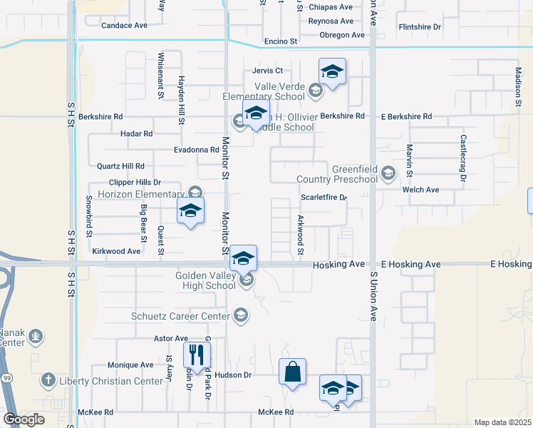 map of restaurants, bars, coffee shops, grocery stores, and more near 600 Hosking Avenue in Bakersfield