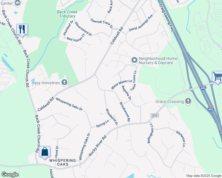 map of restaurants, bars, coffee shops, grocery stores, and more near 13021 Blaze Manor Lane in Charlotte