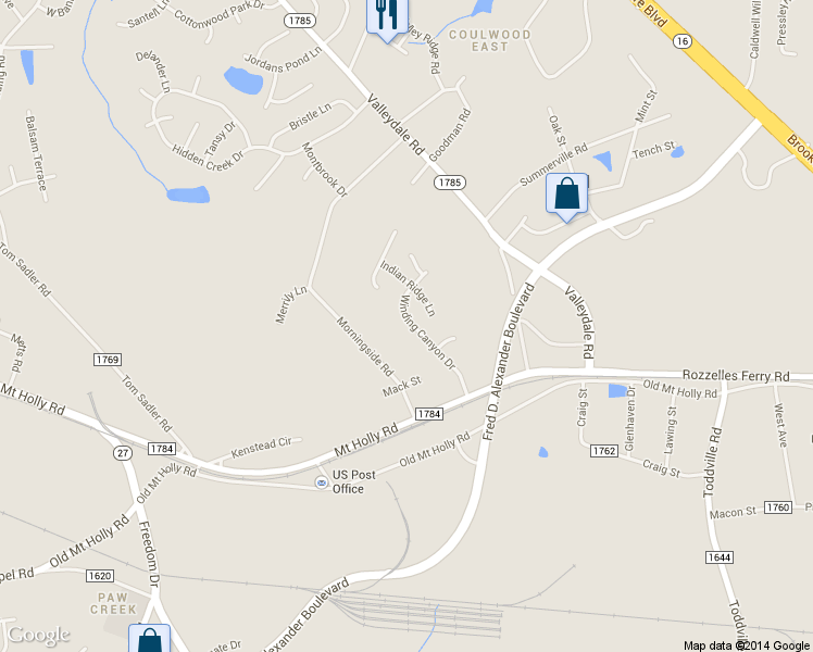 map of restaurants, bars, coffee shops, grocery stores, and more near 326 Winding Canyon Drive in Charlotte