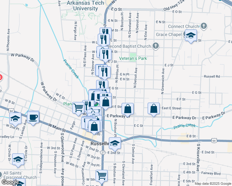 map of restaurants, bars, coffee shops, grocery stores, and more near 119 East G Street in Russellville