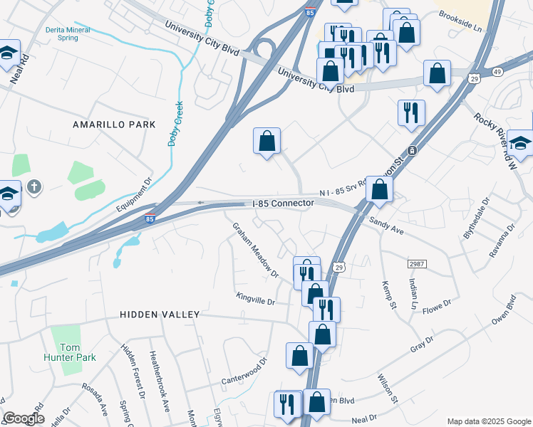 map of restaurants, bars, coffee shops, grocery stores, and more near 342 Orchard Trace Lane in Charlotte