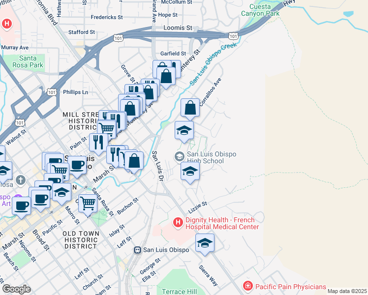 map of restaurants, bars, coffee shops, grocery stores, and more near 1499 San Luis Drive in San Luis Obispo