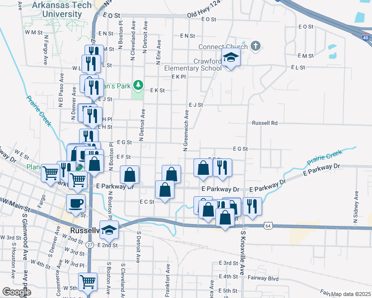 map of restaurants, bars, coffee shops, grocery stores, and more near 616 East G Street in Russellville