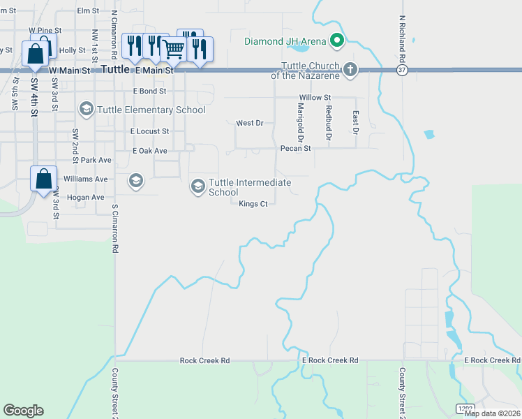 map of restaurants, bars, coffee shops, grocery stores, and more near 514 Kings Court in Tuttle