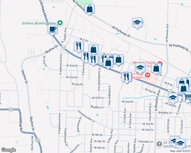 map of restaurants, bars, coffee shops, grocery stores, and more near 130 South Cumberland Avenue in Russellville