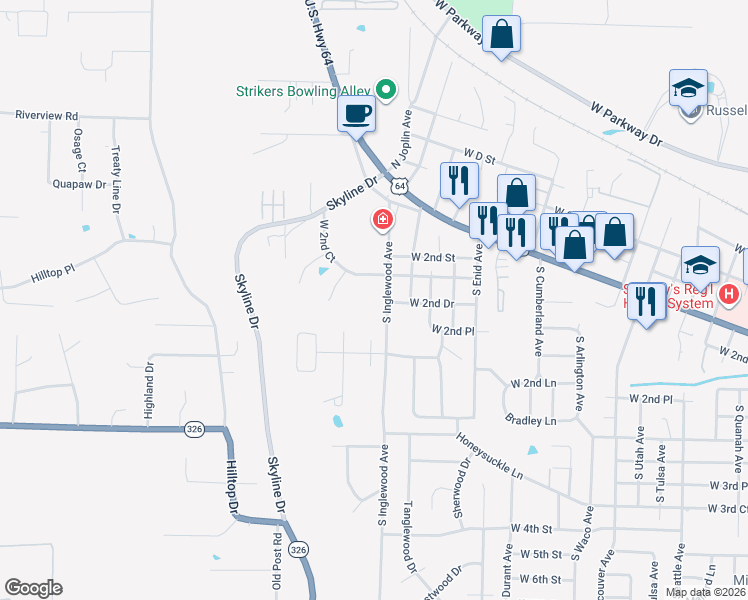 map of restaurants, bars, coffee shops, grocery stores, and more near 240 South Inglewood Avenue in Russellville