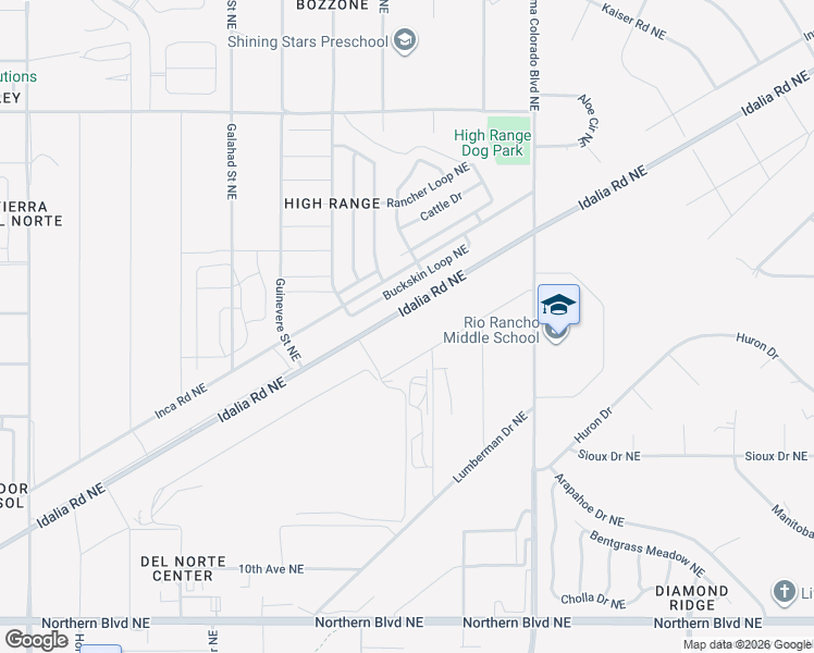 map of restaurants, bars, coffee shops, grocery stores, and more near 3718 Buckskin Loop Northeast in Rio Rancho