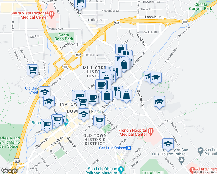 map of restaurants, bars, coffee shops, grocery stores, and more near 1243 Monterey Street in San Luis Obispo