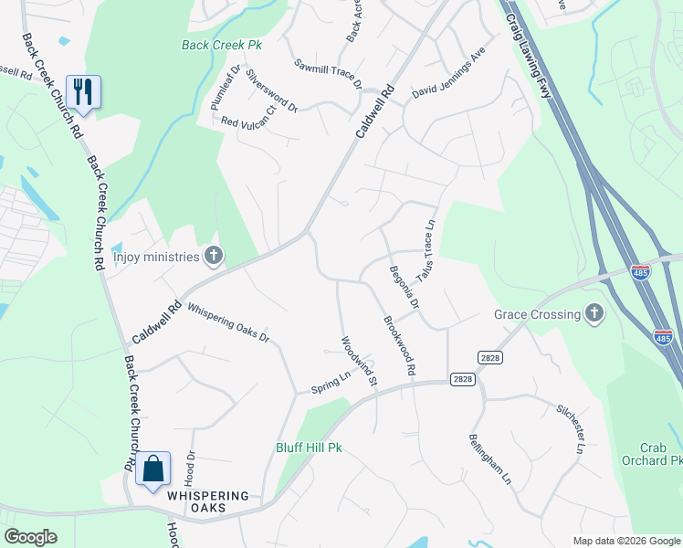 map of restaurants, bars, coffee shops, grocery stores, and more near 4532 Brookwood Road in Charlotte