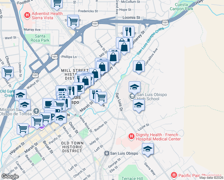 map of restaurants, bars, coffee shops, grocery stores, and more near 1411 Marsh Street in San Luis Obispo