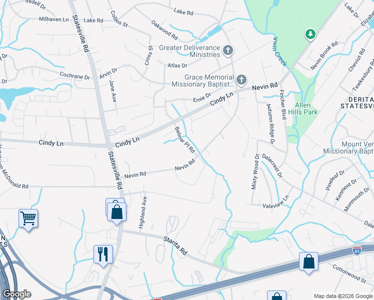 map of restaurants, bars, coffee shops, grocery stores, and more near 4605 Belmar Place Road in Charlotte