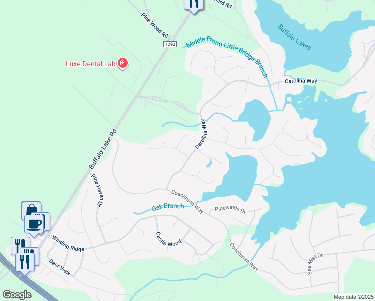 map of restaurants, bars, coffee shops, grocery stores, and more near 18 Fairway Lane in Sanford