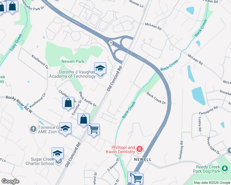 map of restaurants, bars, coffee shops, grocery stores, and more near 8601 University East Drive in Charlotte
