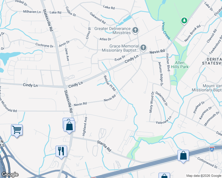 map of restaurants, bars, coffee shops, grocery stores, and more near 4605 Belmar Place Road in Charlotte