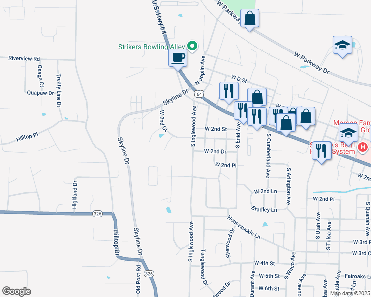 map of restaurants, bars, coffee shops, grocery stores, and more near 240 South Inglewood Avenue in Russellville