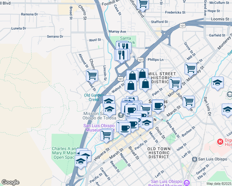 map of restaurants, bars, coffee shops, grocery stores, and more near 865 Walnut Street in San Luis Obispo