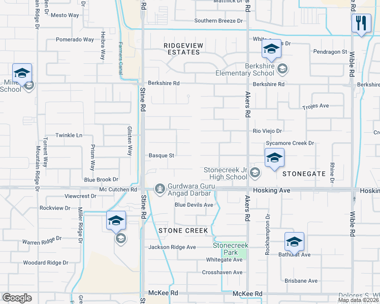 map of restaurants, bars, coffee shops, grocery stores, and more near 4409 Rock Lake Drive in Bakersfield