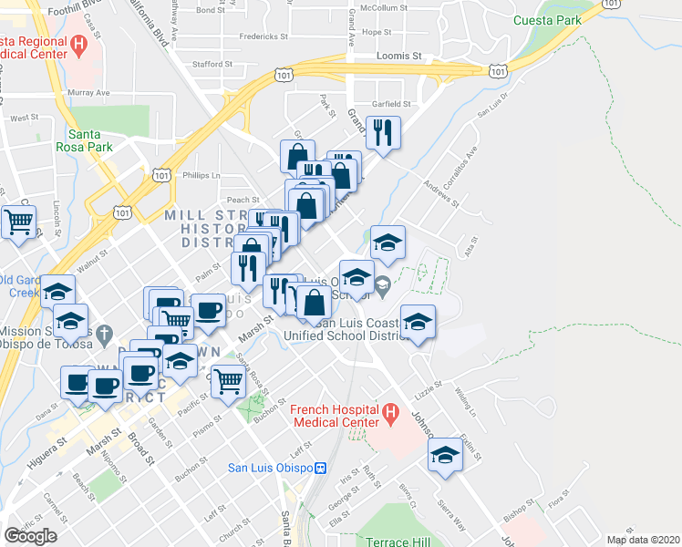 map of restaurants, bars, coffee shops, grocery stores, and more near 1426 Marsh Street in San Luis Obispo