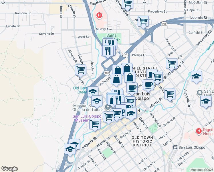map of restaurants, bars, coffee shops, grocery stores, and more near 652 Morro Street in San Luis Obispo