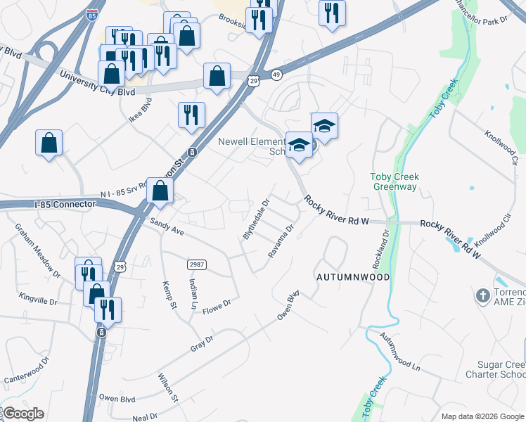 map of restaurants, bars, coffee shops, grocery stores, and more near 6621 Blythedale Drive in Charlotte