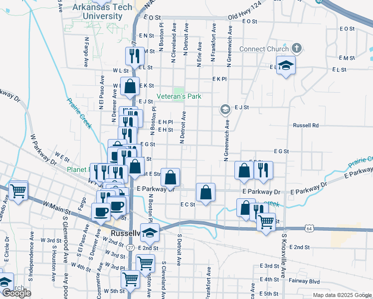 map of restaurants, bars, coffee shops, grocery stores, and more near 401 East G Street in Russellville