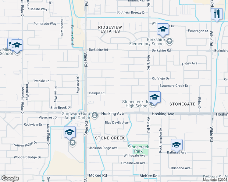 map of restaurants, bars, coffee shops, grocery stores, and more near 4409 Rock Lake Drive in Bakersfield