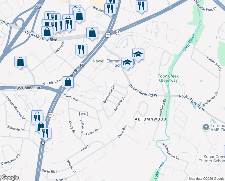 map of restaurants, bars, coffee shops, grocery stores, and more near 6621 Blythedale Drive in Charlotte