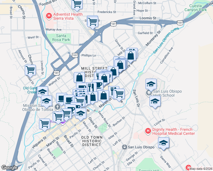 map of restaurants, bars, coffee shops, grocery stores, and more near 1255 Monterey Street in San Luis Obispo