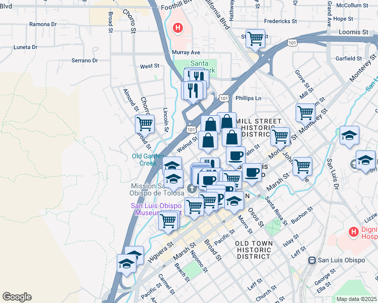 map of restaurants, bars, coffee shops, grocery stores, and more near 652 Morro Street in San Luis Obispo