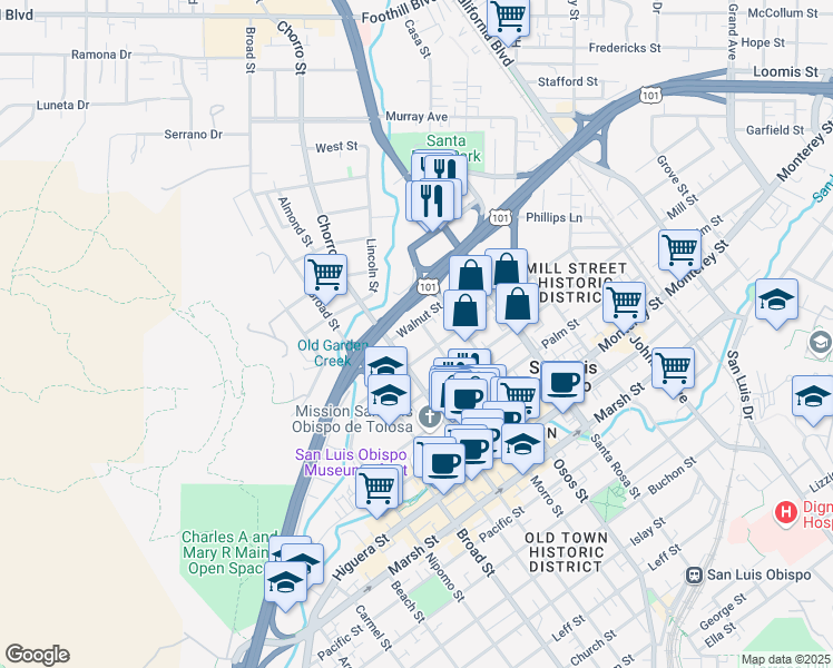 map of restaurants, bars, coffee shops, grocery stores, and more near 879 Walnut Street in San Luis Obispo