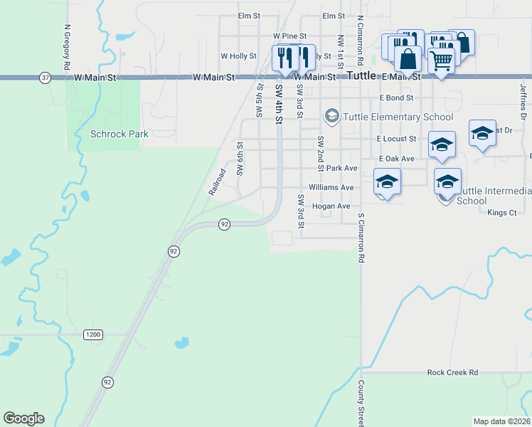 map of restaurants, bars, coffee shops, grocery stores, and more near 705 Southwest 4th Street in Tuttle