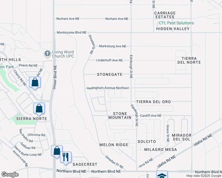 map of restaurants, bars, coffee shops, grocery stores, and more near Hedingham Avenue Northest in Rio Rancho