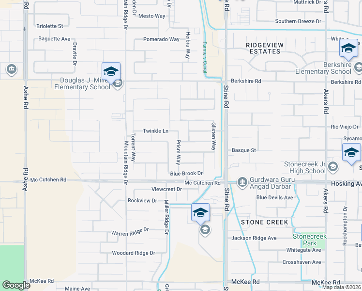 map of restaurants, bars, coffee shops, grocery stores, and more near 7717 Prism Way in Bakersfield