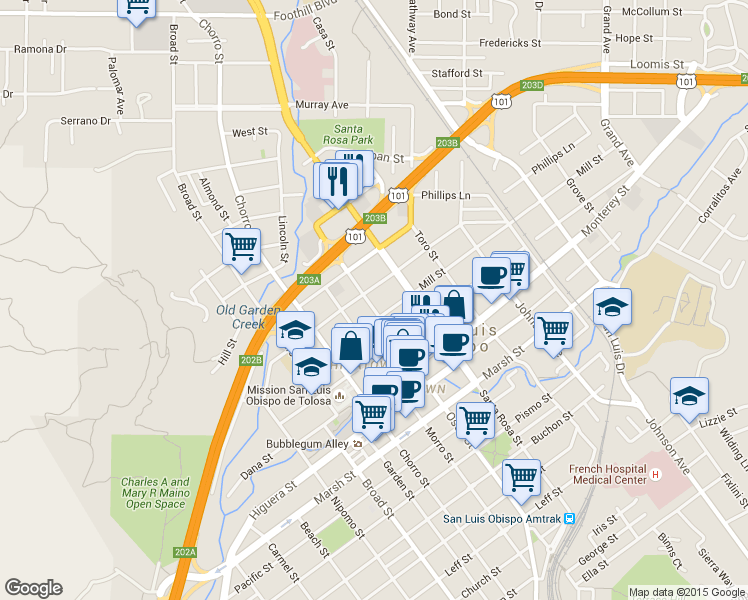 map of restaurants, bars, coffee shops, grocery stores, and more near 1027 Peach Street in San Luis Obispo