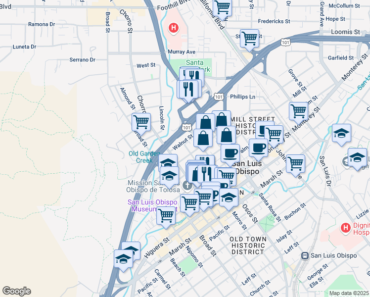 map of restaurants, bars, coffee shops, grocery stores, and more near 652 Morro Street in San Luis Obispo