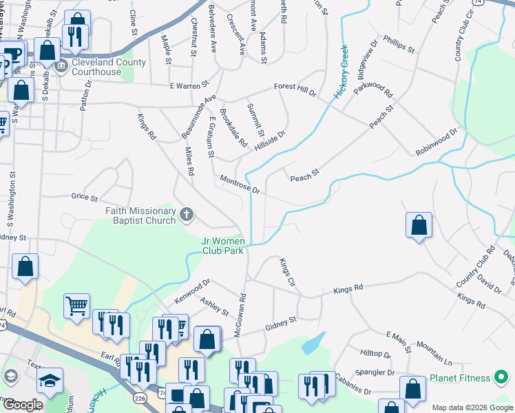 map of restaurants, bars, coffee shops, grocery stores, and more near 301 Windsor Drive in Shelby