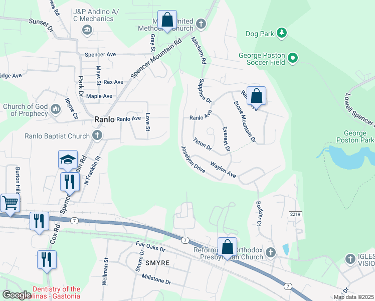 map of restaurants, bars, coffee shops, grocery stores, and more near 908 Joselynn Drive in Gastonia