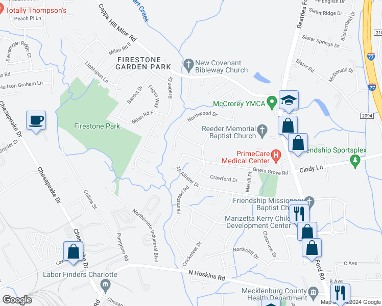 map of restaurants, bars, coffee shops, grocery stores, and more near 1413 Griers Grove Road in Charlotte